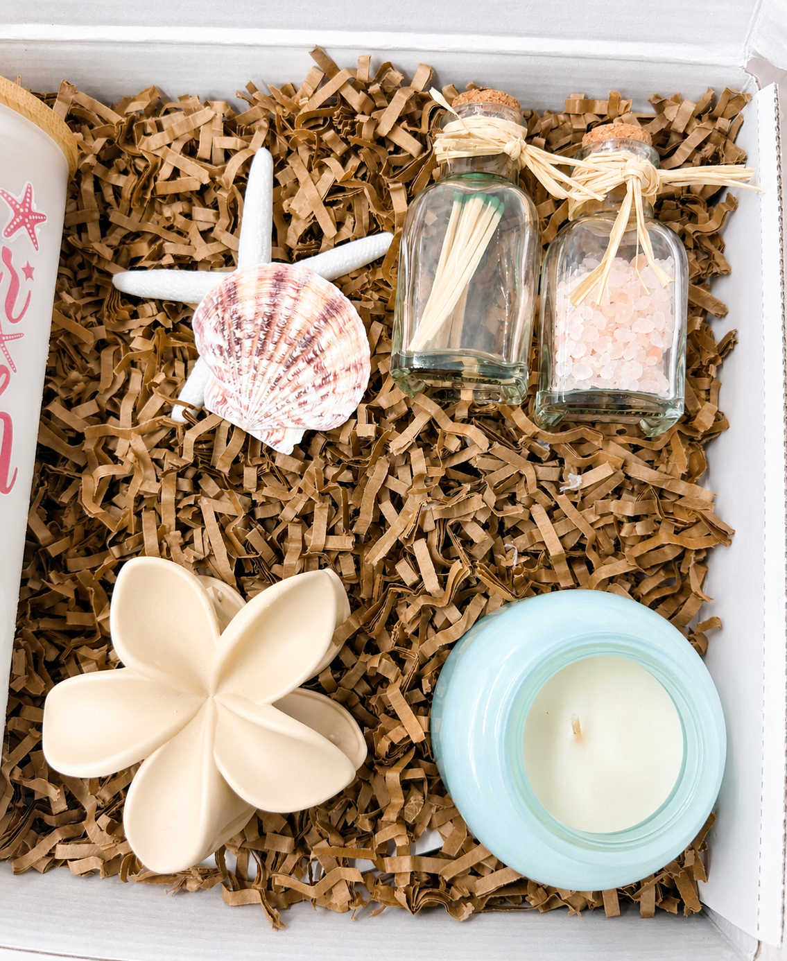 Ocean Lover Gift Box Curated Beach Collection Coastal Spa Set Perfect Relaxation Present Turtle Design Tumbler Frosted Drinkware Bath Salts Spa Package Flower Hair Accessories Candle Seashells Beach Themed Gift Summer Vacation Essentials