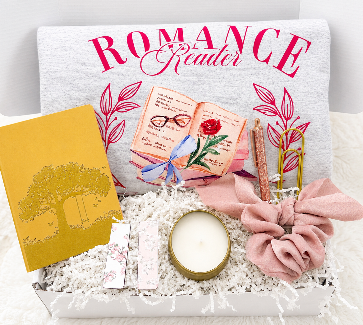 Romance Reader Gift Box Bundle Curated Set Includes Cozy Crewneck Sweatshirt Scented Candle Reading Journal Note Tabs Perfect Book Lover Present Thoughtful Gift Collection Ideal For Romance Novel Enthusiast Cozy Reading Sessions Birthday
