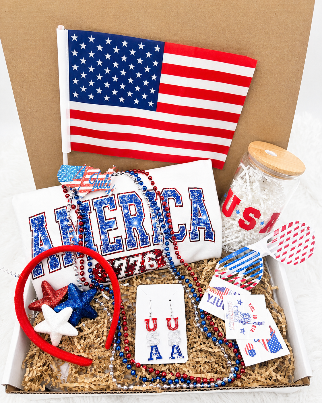 Patriotic Party Kit Ready Complete July Fourth Celebration Set Independence Day Gift Bundle Sparkly America Shirt Included Themed Accessories Package Red White Blue Party Essentials Perfect Fireworks Night Gathering Summer BBQ Celebration