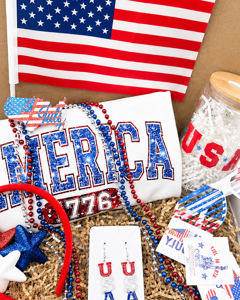 Independence Day Gift Basket Complete Party Set Patriotic Celebration Bundle Sparkly America Shirt Design Themed Accessories Collection Red White Blue Coordinated Items Perfect Summer Holiday Party Essential Fireworks Night Celebration Kit