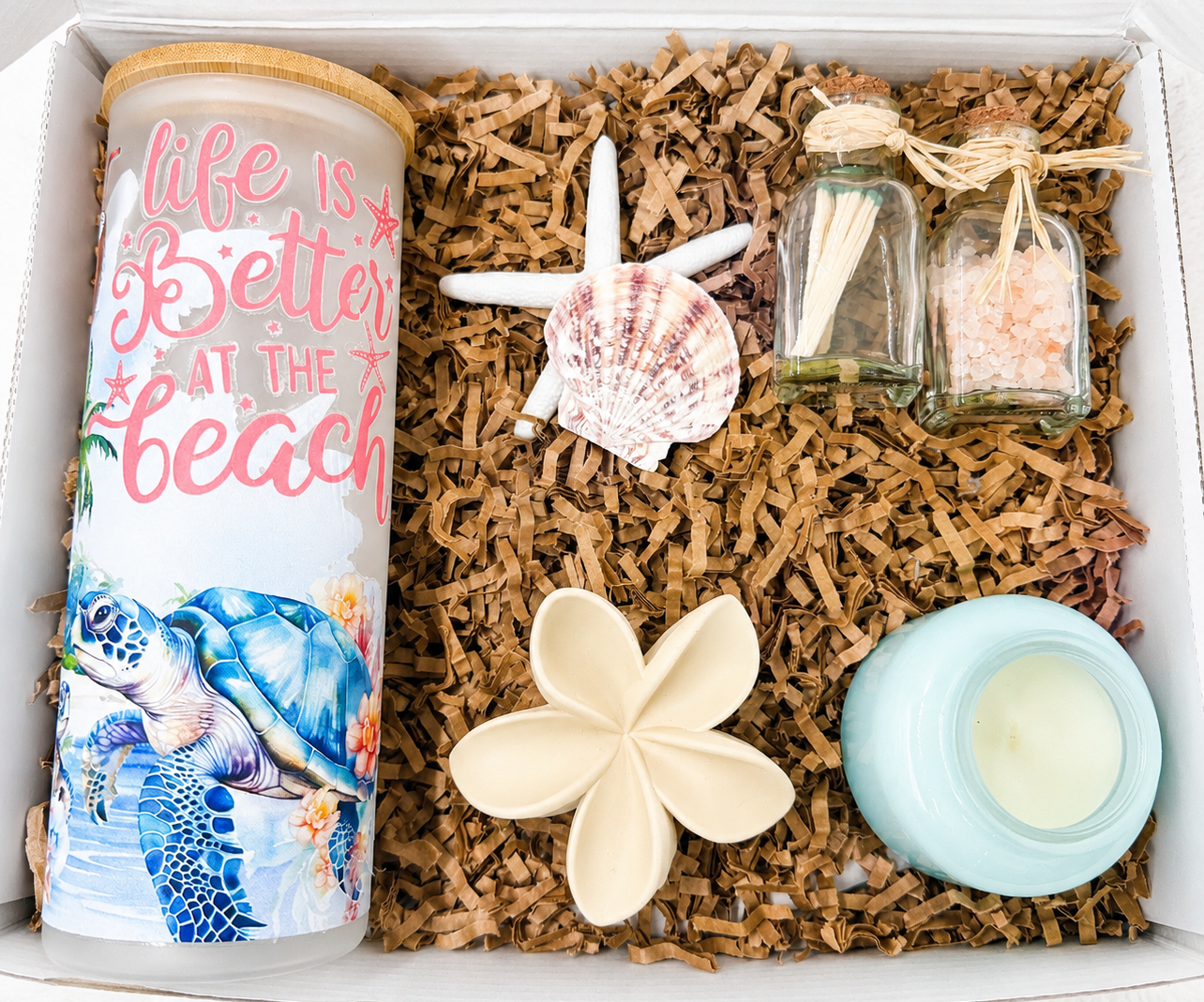 Beach Gift Box Curated Coastal Spa Set Ocean Lover Present Perfect Relaxation Collection Turtle Design Frosted Tumbler Bath Salts Spa Experience Flower Hair Clip Candle Seashells Included Summer Vacation Gift Beach Day Essentials Coastal