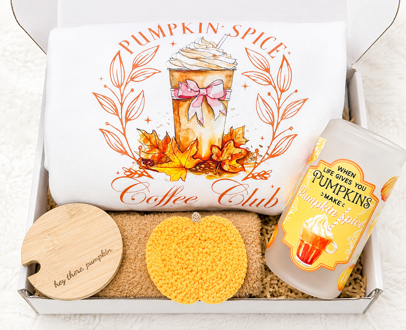 Fall Gift Box Set Pumpkin Spice Coffee Club Bundle Complete Collection Cozy Sweatshirt Engraved Tumbler Hey There Pumpkin Lid Design Fuzzy Socks Included Coaster Set Perfect Autumn Present Coffee Lover Essential Seasonal Comfort Package