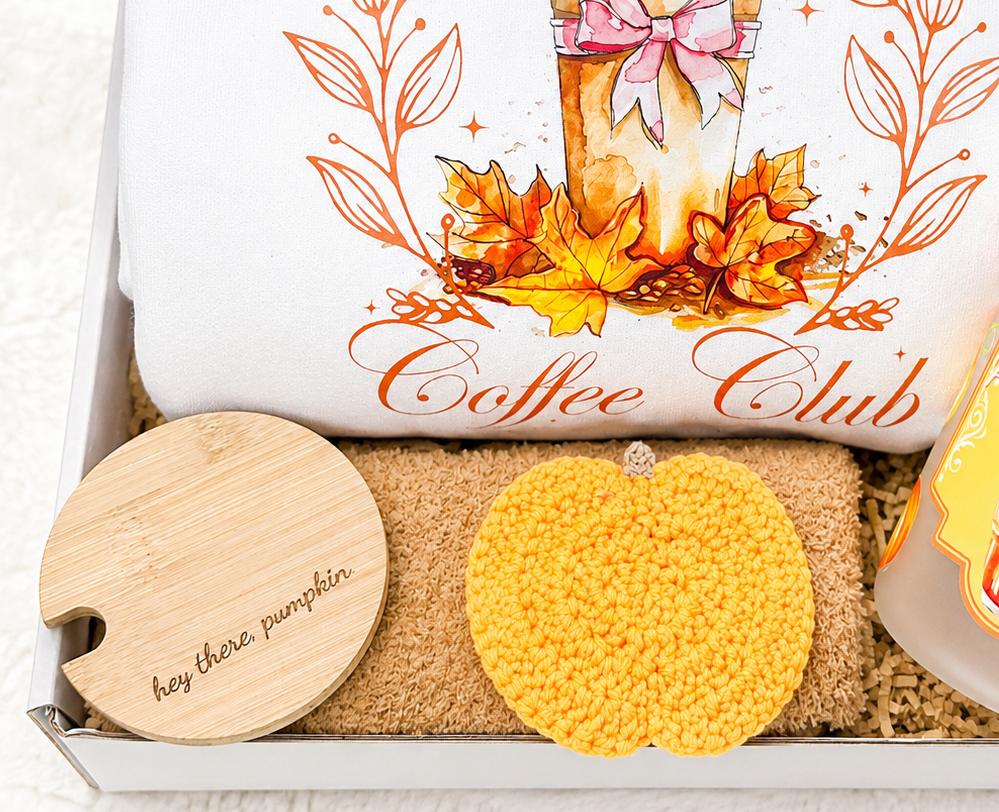 Coffee Lover Gift Box Fall Collection Pumpkin Spice Club Bundle Cozy Sweatshirt Set Engraved Tumbler Hey There Pumpkin Design Fuzzy Socks Coaster Included Perfect Autumn Present Season Essential Birthday Gift Package Comfort Bundle