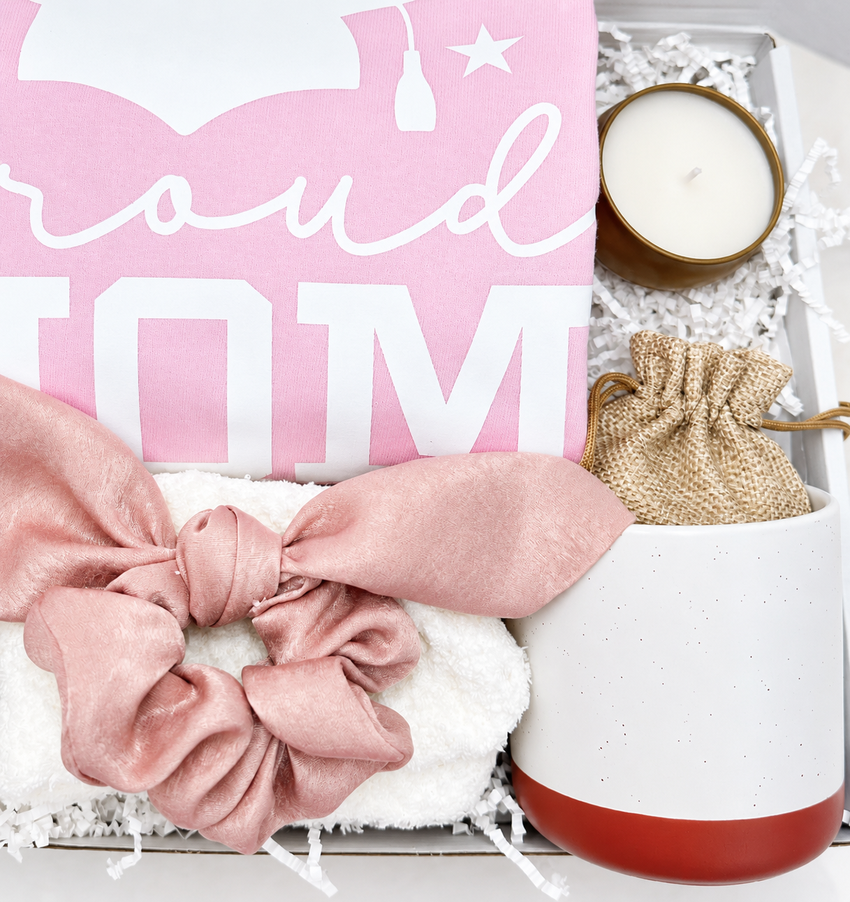 Proud Mom Graduation Set Gift Box Collection Special Celebration Package Pink Tshirt Cozy Socks Matching Mug Curated Present Perfect For Graduation Day Thoughtful Appreciation Gift Mothers Of Graduates Special Milestone Recognition