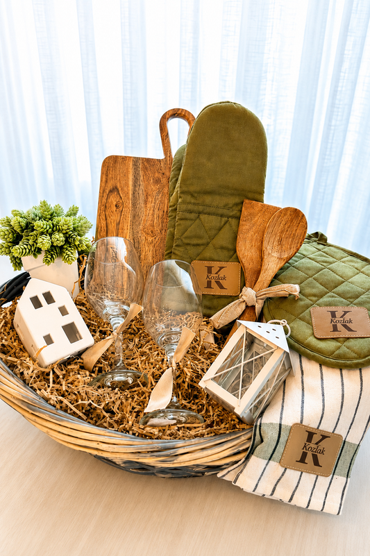 Personalized Kitchen Gift Basket for Housewarming, Wedding & Engagement | Custom Engraved Leather Patch Set with Wine Glasses, Cutting Board, Oven Mitts, Pot Holder & Kitchen Towel