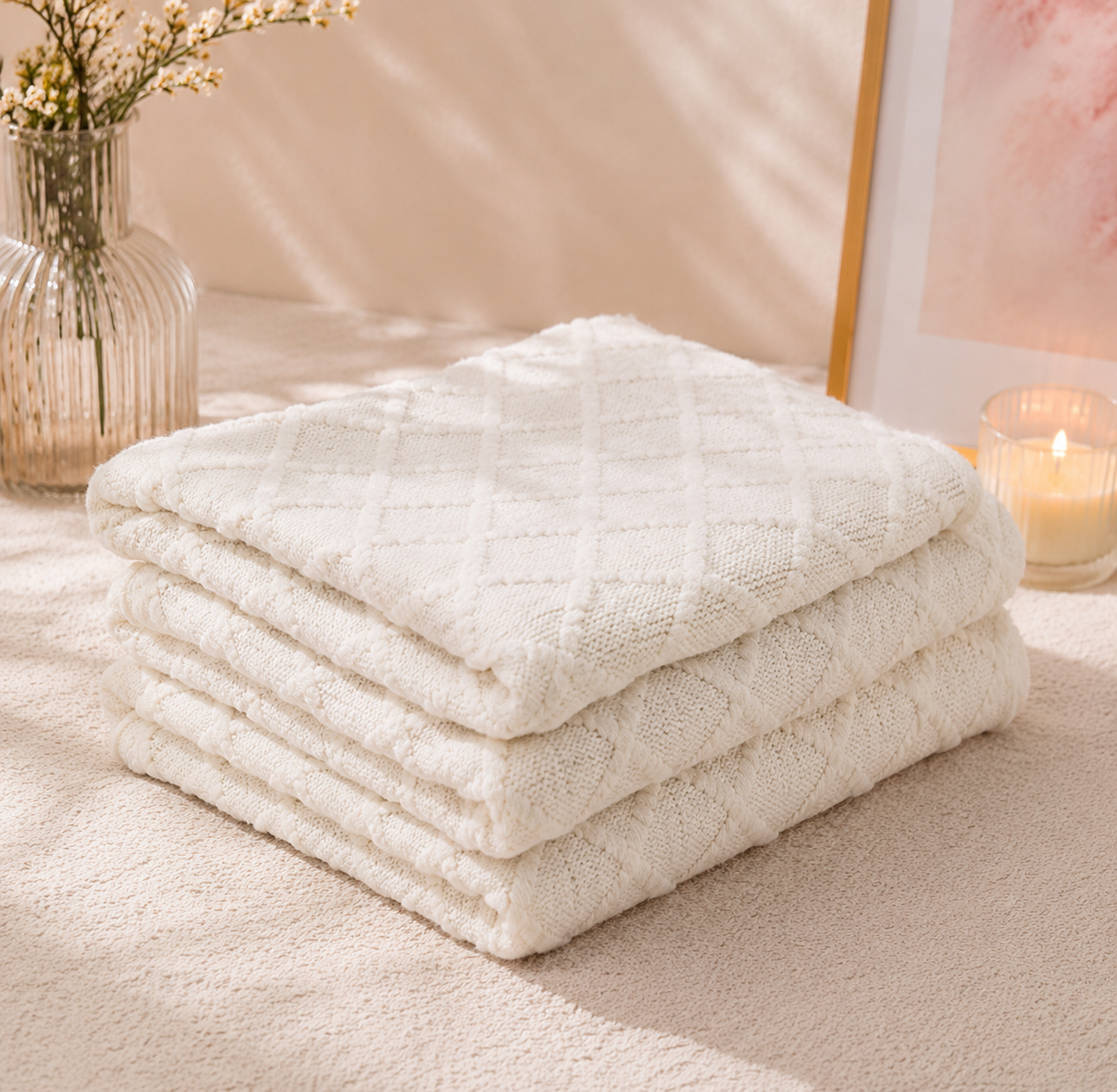 White Knit Blanket 50x60” – Soft Cozy Throw for Home & Gift Giving
