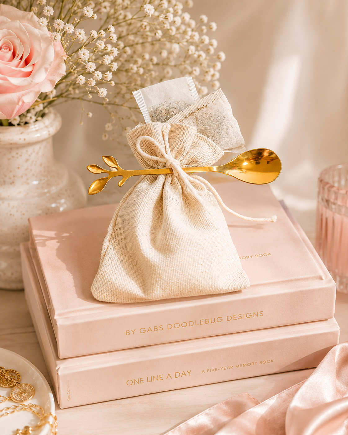 Burlap Gift Bag with Beverage & Gold Spoon – Cozy Luxe Add-On Set