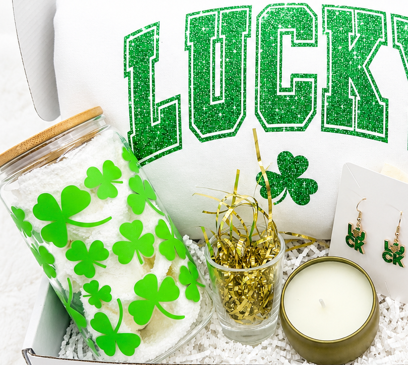 Shamrock Sweatshirt Gift Set St Patricks Day Celebration Bundle Glitter Design Cozy Festive Wear Complete Party Collection Shot Glass Drinkware Tumbler Accessories Sparkly Earrings Jewelry Lucky Charm Theme Perfect Holiday Gift Women Irish