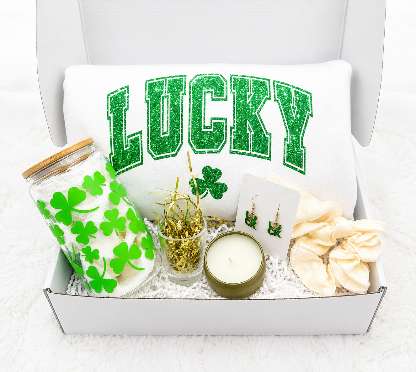 St Patricks Day Gift Box Complete Shamrock Set Bundle Glitter Embossed Sweatshirt Cozy Festive Wear Shot Glass Tumbler Drinkware Collection Sparkly Earrings Jewelry Accessories Lucky Charm Theme Perfect Holiday Celebration Gift Women Party