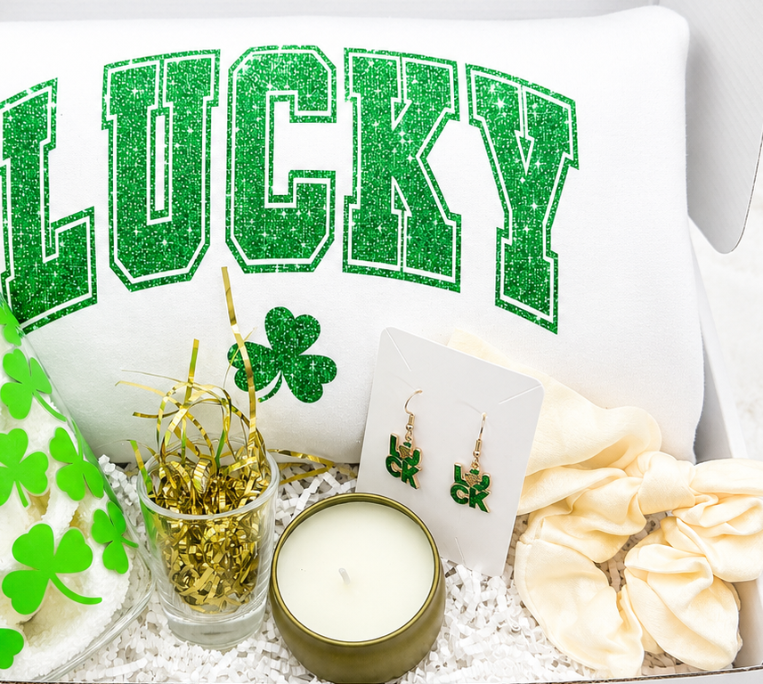 Lucky Charm Gift Collection St Patricks Day Complete Set Shamrock Theme Bundle Glitter Embossed Sweatshirt Festive Party Wear Shot Glass Tumbler Drinkware Sparkly Earrings Accessories Perfect Holiday Celebration Gift Women Irish Heritage