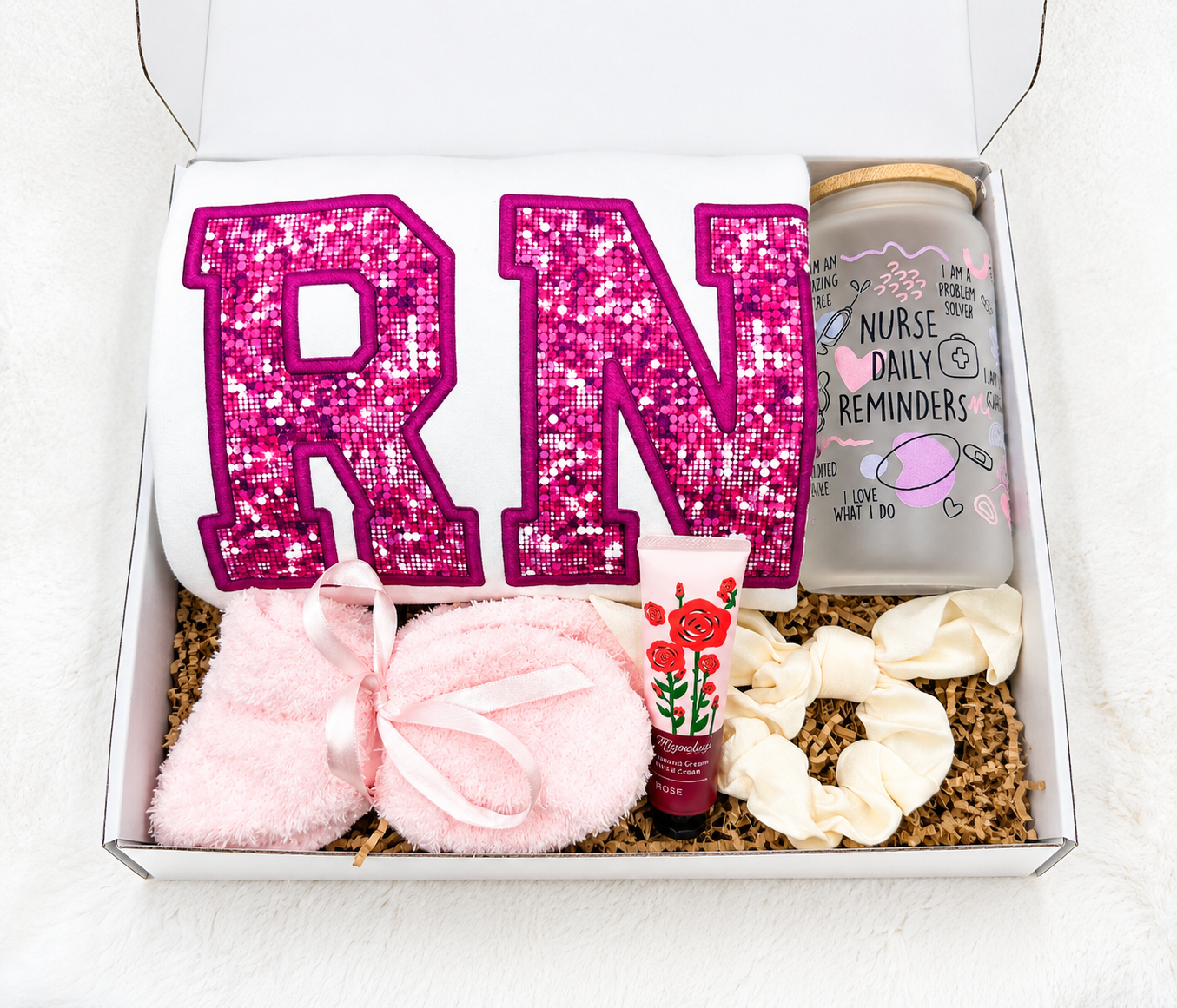 Nurse Gift Box RN Graduation Present Care Package Collection Nursing Student Celebration Gift Sparkly Sweatshirt Daily Reminder Tumbler Fuzzy Socks Hand Lotion Trendy Scrunchie Complete Set Medical Professional Appreciation Gift Perfect