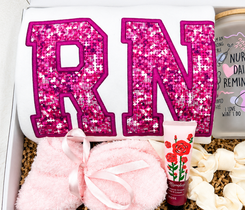 Comfort Essentials Gift Box Nursing Graduate Collection RN Celebration Package Sparkly Sweatshirt Cozy Fuzzy Socks Hand Lotion Self Care Set Daily Reminder Tumbler Trendy Scrunchie Complete Collection Perfect Appreciation Present Hospital