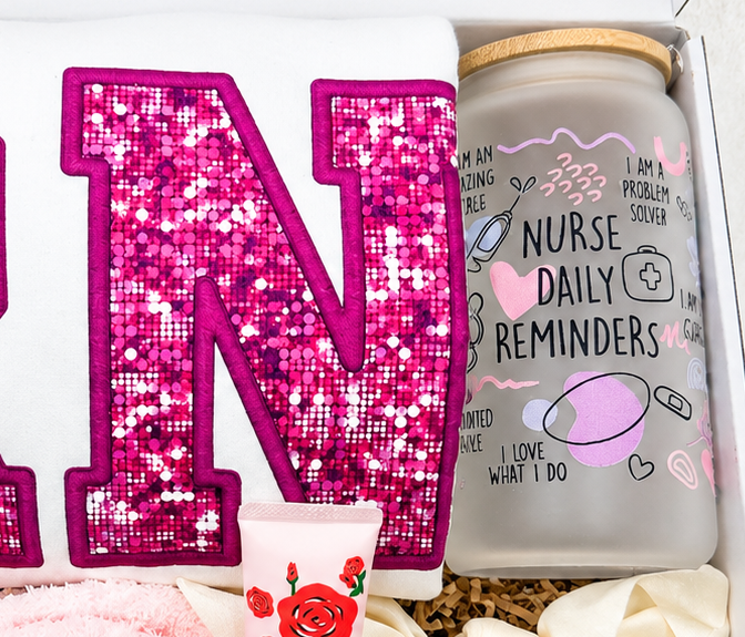 Medical Professional Gift Box RN Graduation Collection Nursing Care Package Practical Items Set Sparkly Sweatshirt Comfort Essentials Collection Daily Reminder Tumbler Fuzzy Socks Hand Lotion Trendy Scrunchie Complete Gift Perfect Hospital