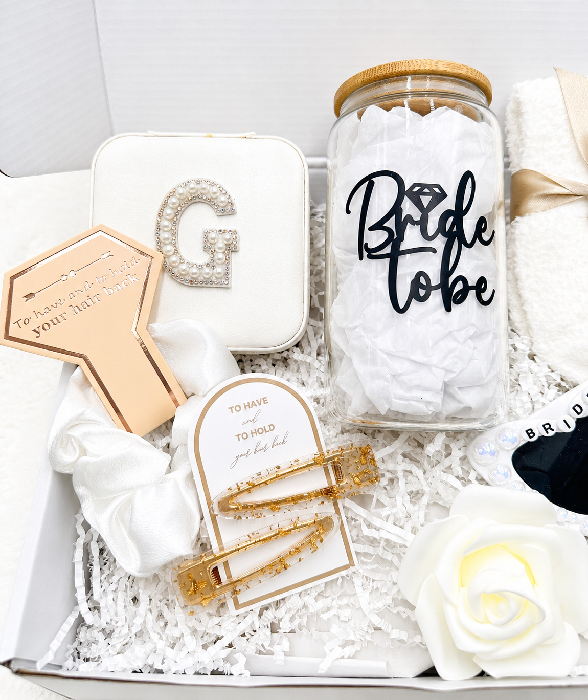 Curated Bridal Collection Gift Box Set Engagement Celebration Package Perfect Bride To Be Present Custom Jewelry Travel Case Initial Personalization Glass Tumbler Included Fuzzy Socks Comfort Wedding Planning Essentials Bridal Shower Gift