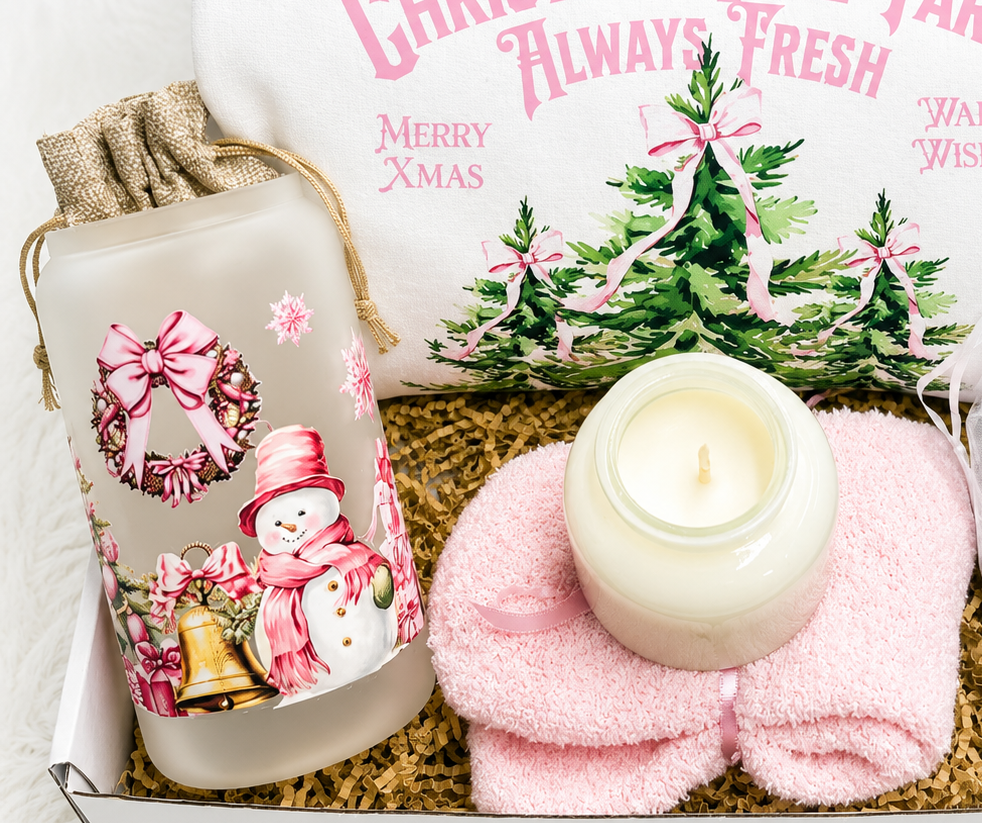 Pink Coquette Christmas Collection Holiday Gift Box Women Feminine Winter Set Cozy Sweater Bundle Frosted Tumbler Fuzzy Socks Candle Shower Steamers Self Care Package Perfect Festive Season Gift Winter Comfort Essential Beautiful Pink