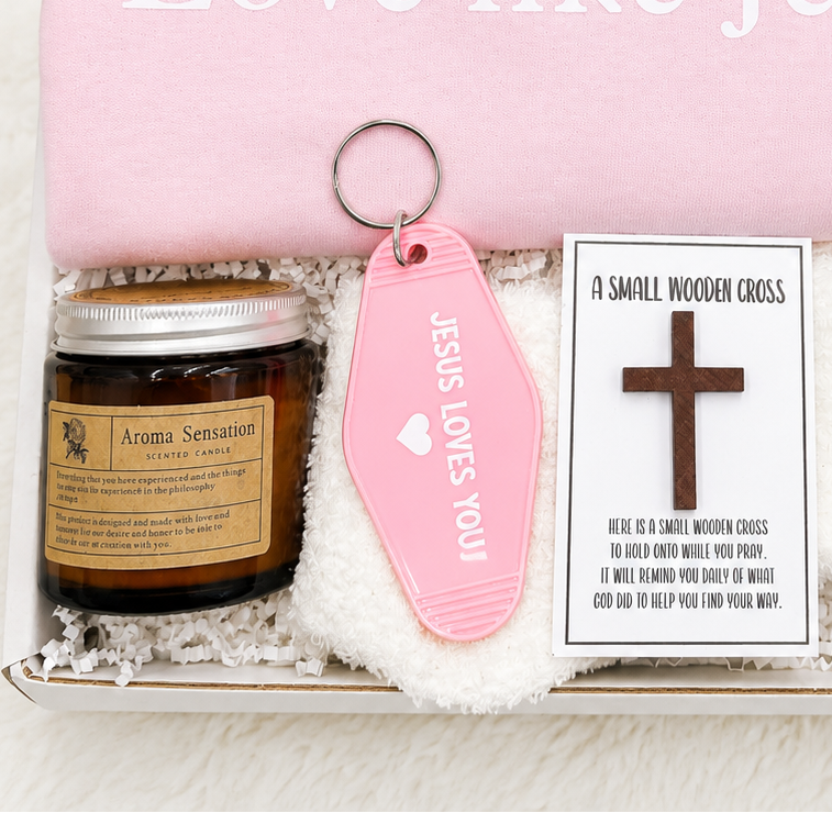 Faith Encouragement Gift Set Christian Care Package Religious Support Collection Jesus Love Themed Box Devotional Prayer Items Pocket Cross Candle Love Like Jesus Tshirt Keychain Affirmation Spiritual Comfort Gift Women Daily Faith
