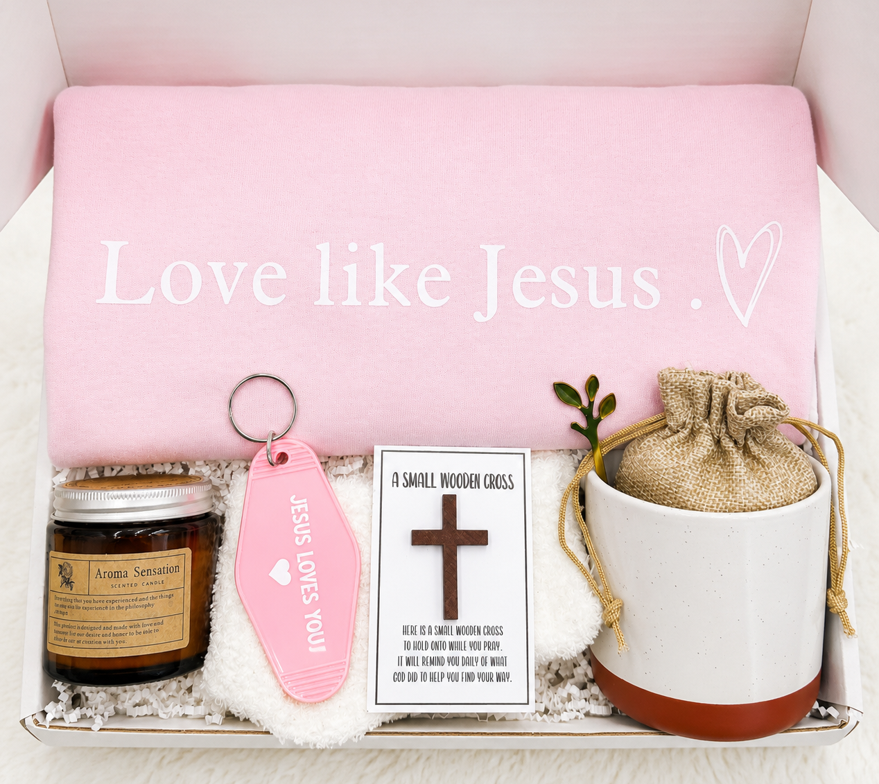 Christian Gift Box Faith Encouragement Set Religious Care Package Jesus Themed Collection Love Like Jesus Tshirt Devotional Prayer Items Keychain Affirmation Pocket Cross Candle Spiritual Support Gift Women Faith Inspiration Daily