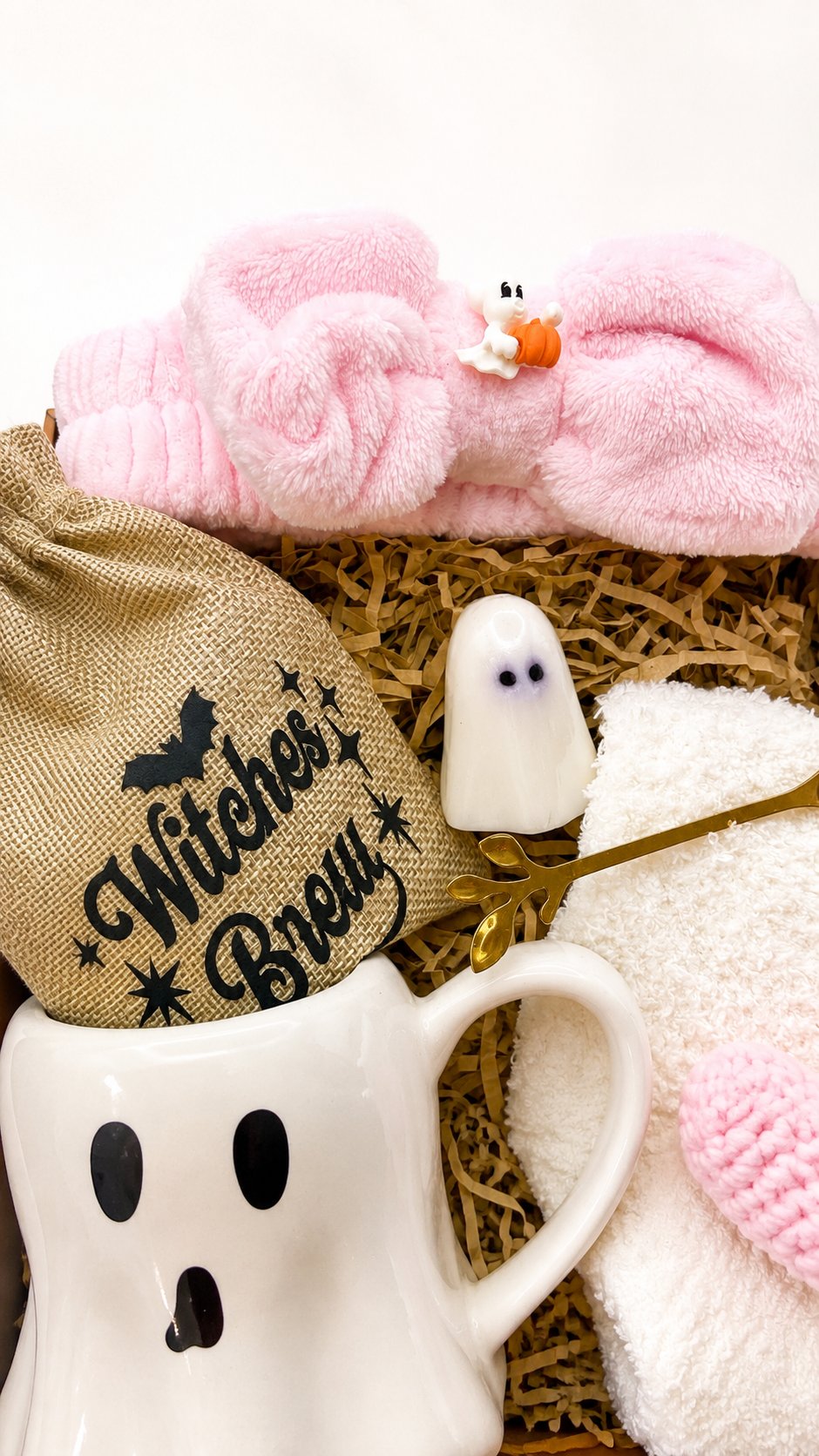 Halloween Gift Basket for Women – Pink Ghost Gift Box with Mug, Tea, Socks & Self Care Gifts