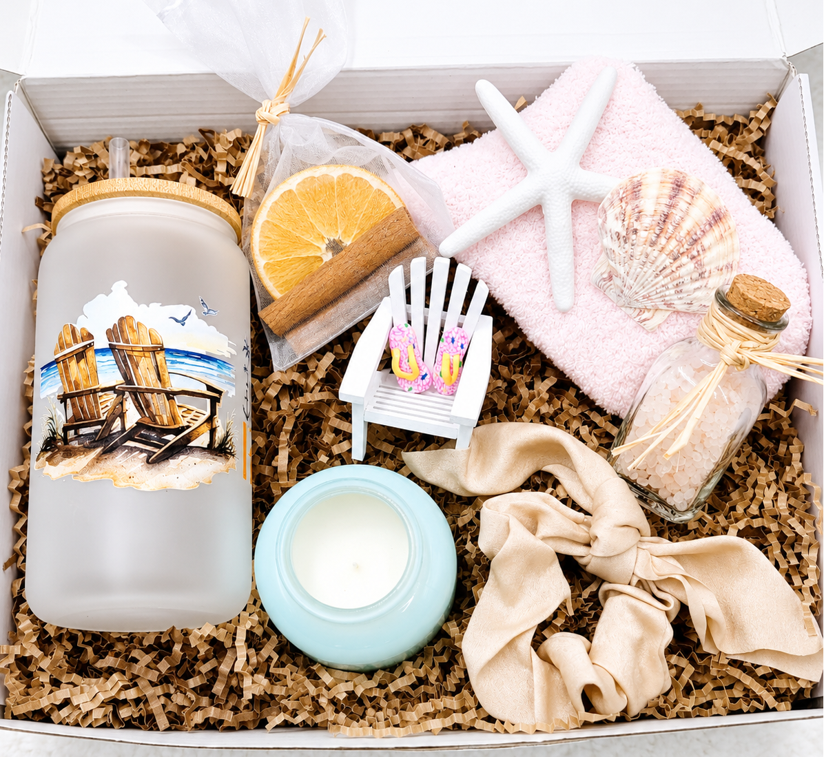 Beach Lover Gift Box Complete Coastal Relaxation Set Frosted Tumbler Drink Holder Mini Beach Chair Lounging Accessory Scented Candle Aromatherapy Simmer Pot Mix Fragrance Hair Scrunchie Accessory Fuzzy Socks Comfort Seashell Collection