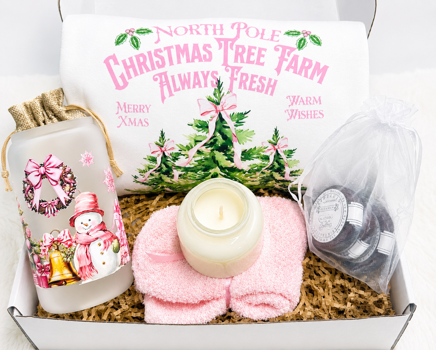 Christmas Gift Box Women Pink Holiday Bundle Complete Self Care Set Cozy Sweater Collection Frosted Tumbler Fuzzy Socks Candle Shower Steamers Perfect Festive Season Present Winter Comfort Package Feminine Coquette Theme Holiday Relaxation