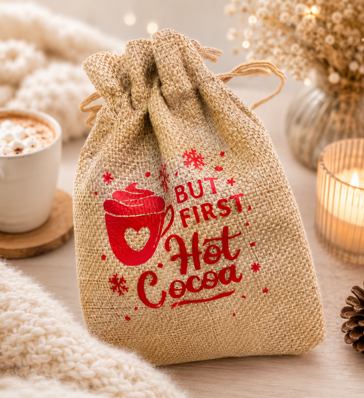 "But First Hot Cocoa" Burlap Bag