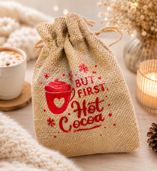"But First Hot Cocoa" Burlap Bag