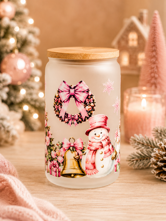 Pink Christmas 16 oz Glass Cup