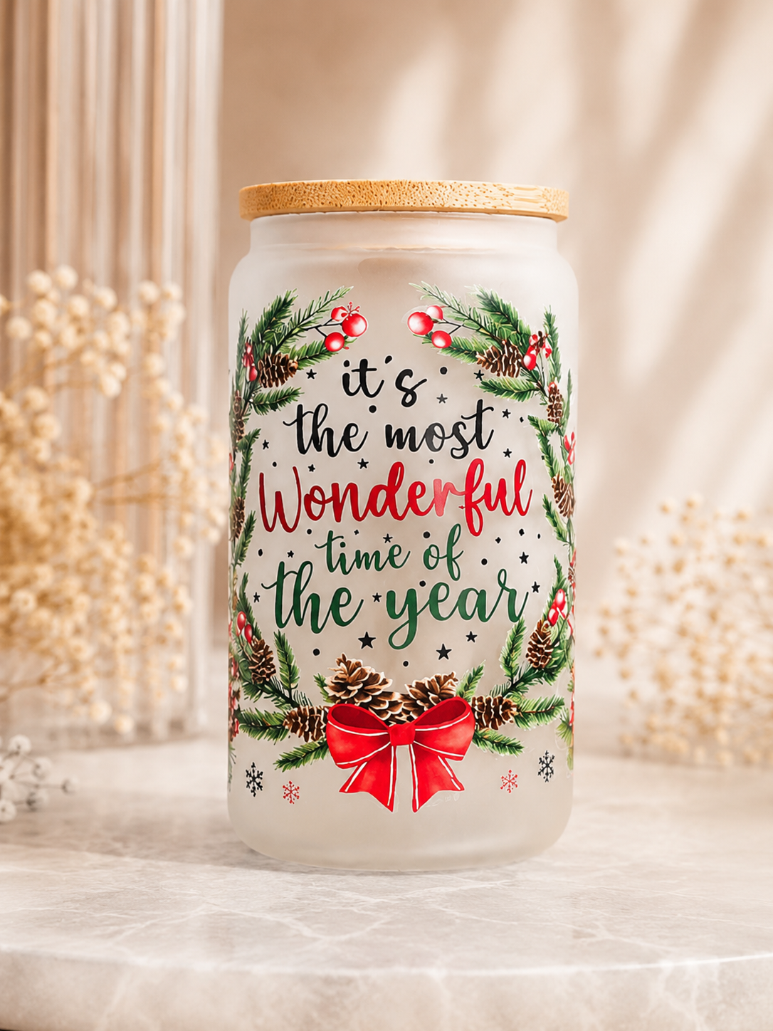 "It's the Most Wonderful Time of the Year" Christmas 16 oz Glass Cup