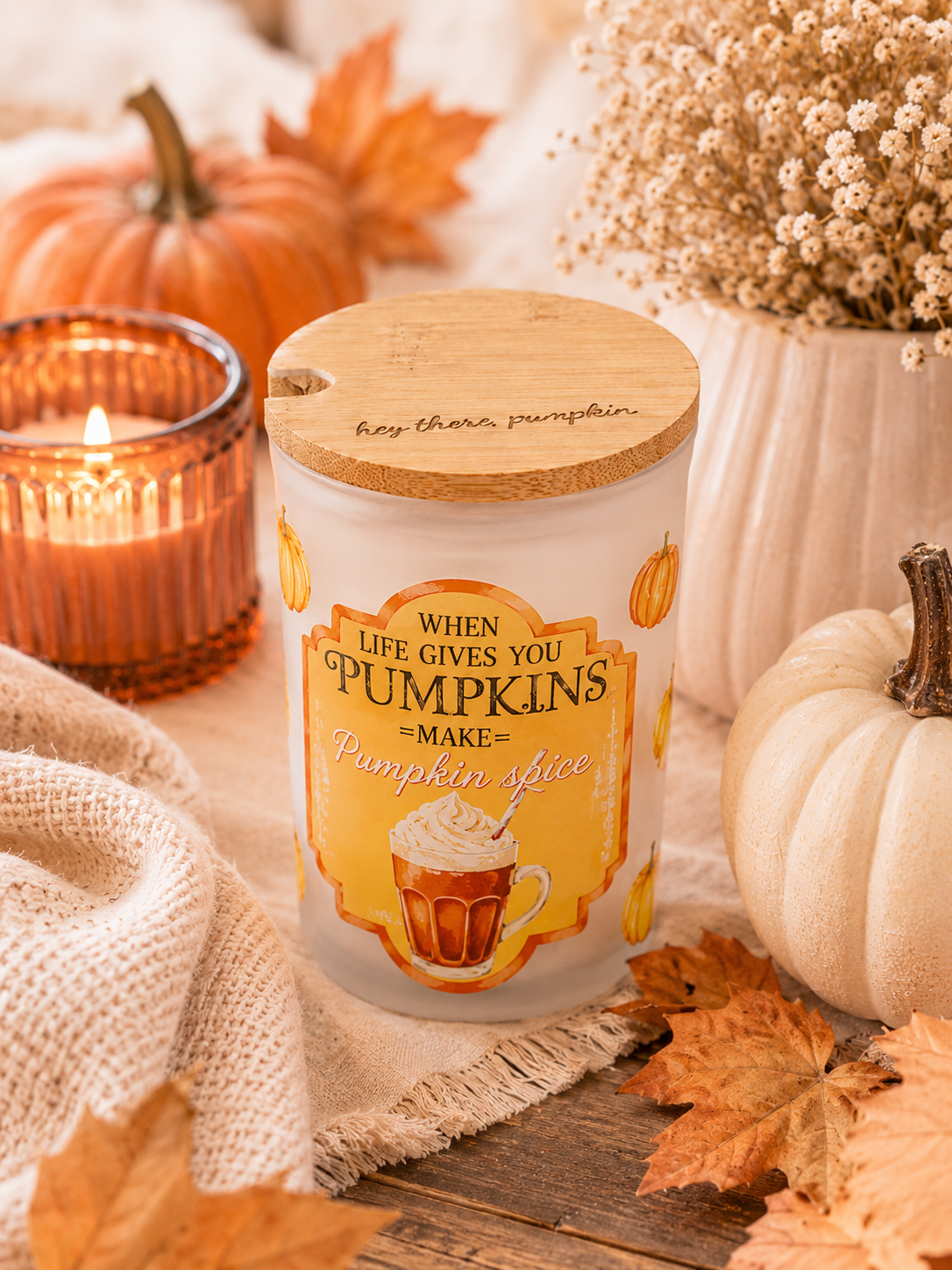 Pumpkin Spice 16 oz Glass Cup with Straw & "Hey There Pumpkin" Engraved Lid