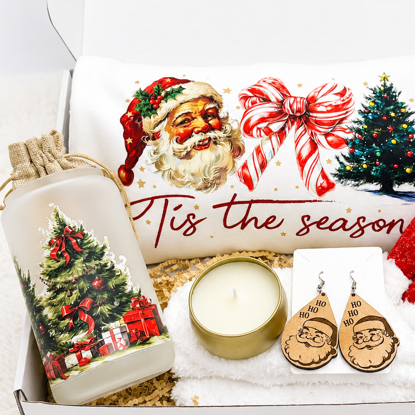 Cozy Christmas Bundle Women Holiday Collection 6 Piece Gift Set Festive Sweatshirt Tumbler Package Candle Warm Fuzzy Socks Santa Earrings Ornament Complete Season Present Perfect Winter Gift Idea For Her Thoughtful Coordinated Theme Ready