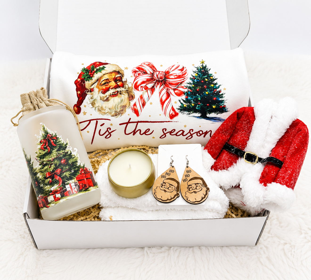 Holiday Gift Set For Women Christmas Bundle Complete Collection 6 Piece Package Festive Sweatshirt Design Tumbler Candle Set Warm Socks Santa Theme Earrings Ornament Winter Season Present Perfect Gift Idea Cozy Comfort Items Ready To Give