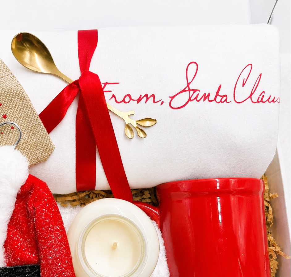 Holiday Gift Bundle Christmas Care Package Santa Claus Themed Box Complete Collection Cozy Sweatshirt Festive Mug Ornament Set Candle Package Soft Socks Hot Cocoa Bundle Perfect Christmas Present Holiday Morning Surprise Winter Season Gift