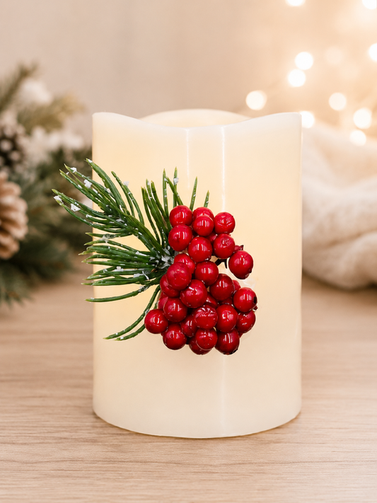 Battery-Operated Candle with Christmas Berries