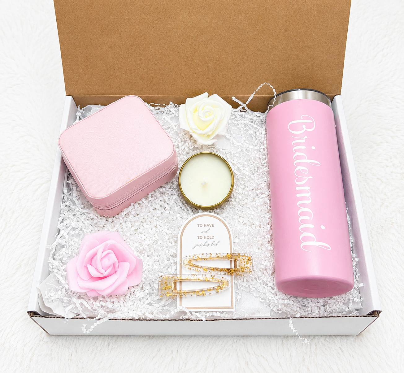 Bridal Party Gift Set Complete Bridesmaid Appreciation Package Curated Collection Four Piece Set Tumbler Jewelry Case Candle Hair Clips Wedding Party Thank You Gift Elegant Bridesmaid Proposal Box Luxury Items Collection Premium Quality Set