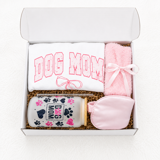 Dog Mom Gift Box – Cozy Self Care Set with Tshirt Cup Socks & Eye Mask