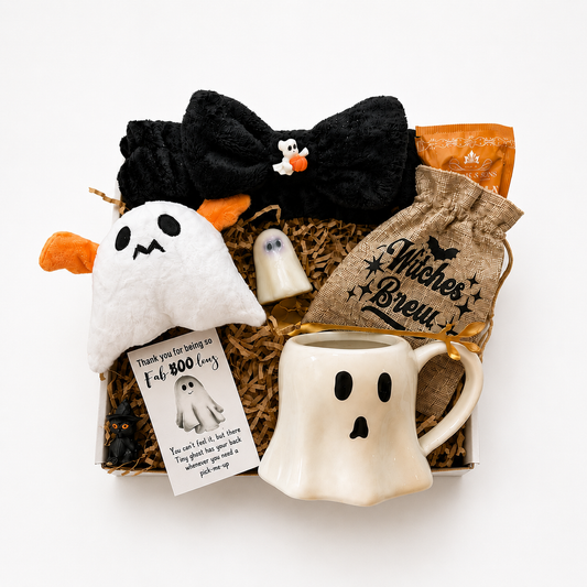 Halloween ghost gift box with ghost mug, Witches Brew tea, gold spoon, ghost plush, Tiny Ghost soap, Halloween headband and spooky card
