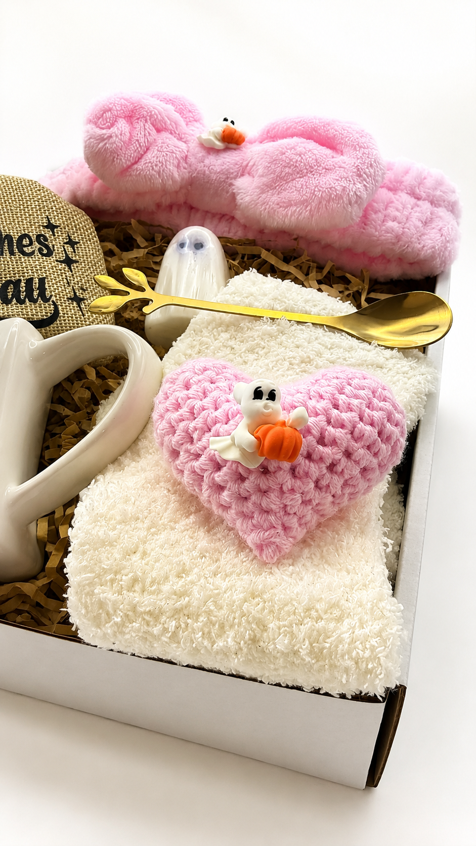 Halloween Gift Basket for Women – Pink Ghost Gift Box with Mug, Tea, Socks & Self Care Gifts