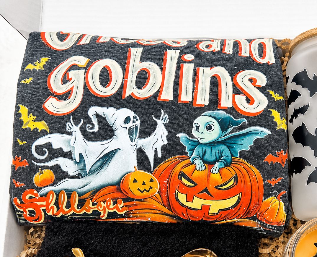 Spooky Gift Set Halloween Bundle Ghost And Bats Theme Comfort Shirt Relaxation Essential Tumbler With Gold Spoon Stirring Accessory Fuzzy Socks Warmth Comfort Scented Candle Ambiance Perfect Halloween Enthusiast Present Complete Care
