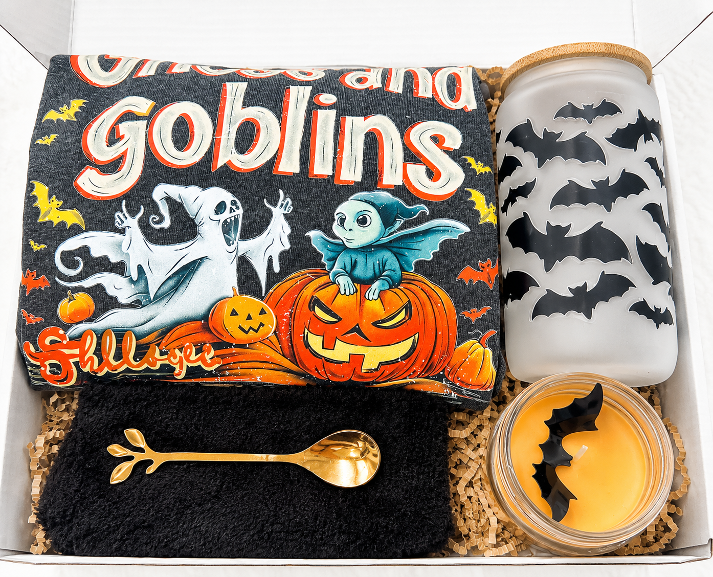 Halloween Gift Box Spooky Set Bundle Complete Collection Comfort Colors Shirt Design Bat Tumbler Sixteen Ounce Capacity Gold Spoon Accessory Fuzzy Socks Cozy Comfort Scented Candle Atmosphere Ghost Themed Items Perfect October Celebration