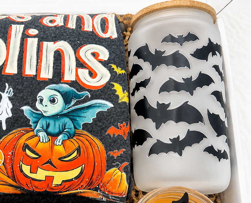 Ghost Themed Gift Collection Halloween Bundle Set Comfort Colors Shirt Cozy Essential Bat Design Tumbler Sixteen Ounce Gold Spoon Included Fuzzy Socks Comfort Scented Candle Mood Setting Perfect Spooky Season Present Complete Halloween Care