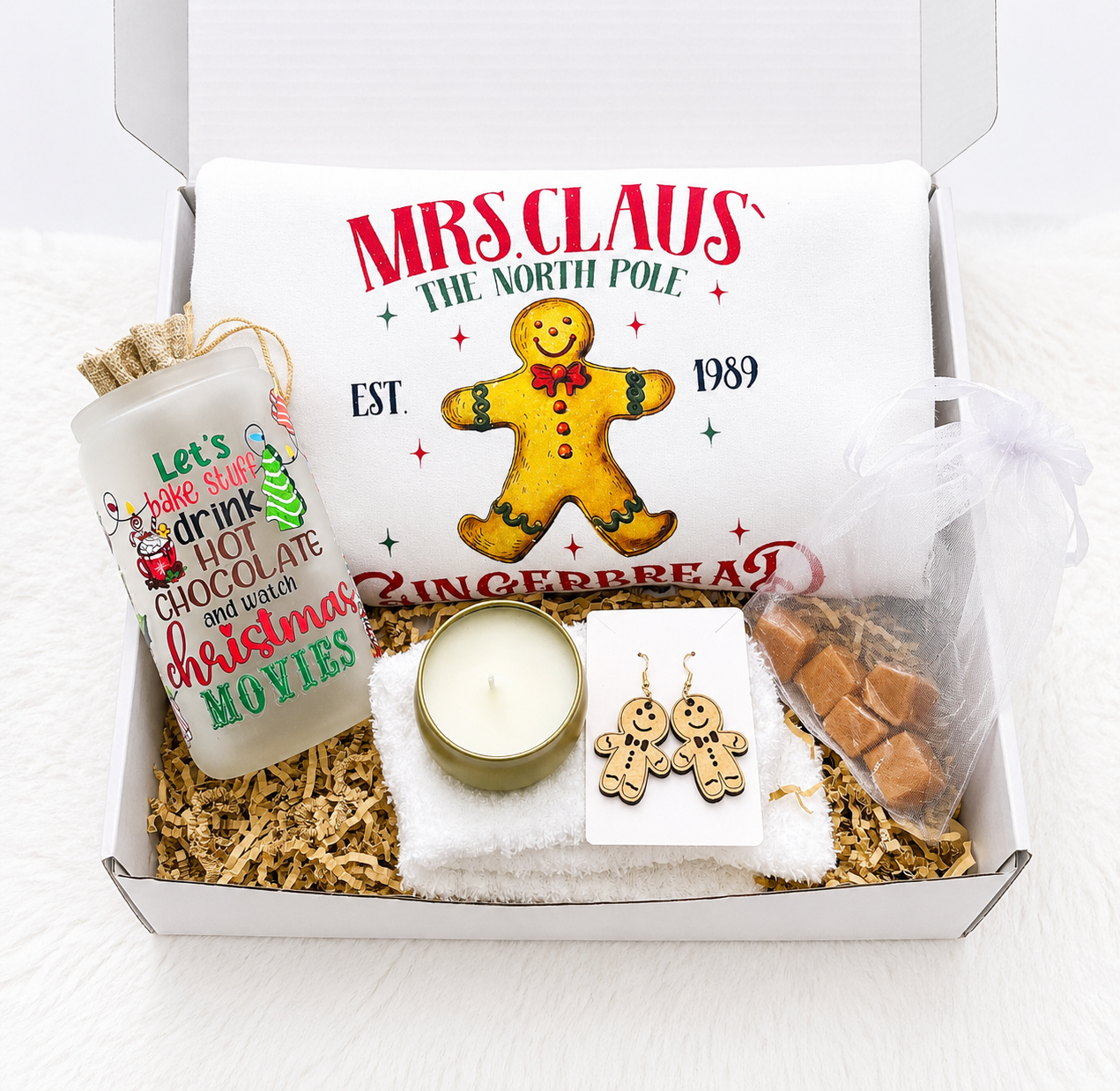 Christmas Gift Box Women Complete Holiday Bundle Set Ready Made Present Gingerbread Bakery Theme Sweatshirt Collection Cozy Tumbler Accessories Package Fuzzy Socks Candle Earrings Caramels Treats Secret Santa Perfect Gift Festive Season
