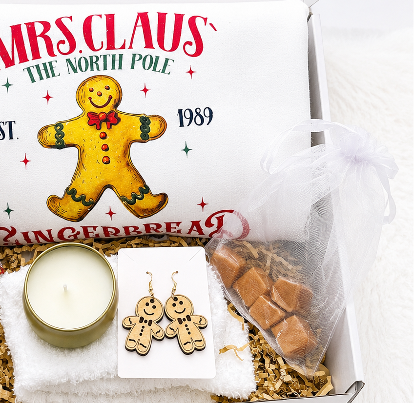 Holiday Gift Bundle Women Christmas Present Set Complete Package Gingerbread Theme Collection Cozy Sweatshirt Tumbler Accessories Fuzzy Socks Candle Earrings Caramels Ready Made Gift Box Secret Santa Perfect Present Festive Season Essential