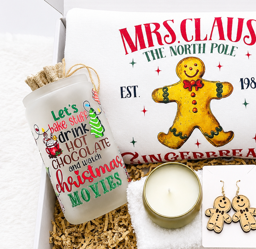 Gingerbread Christmas Gift Set Cozy Holiday Bundle Women Bakery Theme Sweatshirt Collection Mrs Claus Inspired Design Tumbler Fuzzy Socks Package Candle Earrings Caramels Complete Present Ready Made Secret Santa Gift Box Festive Accessories