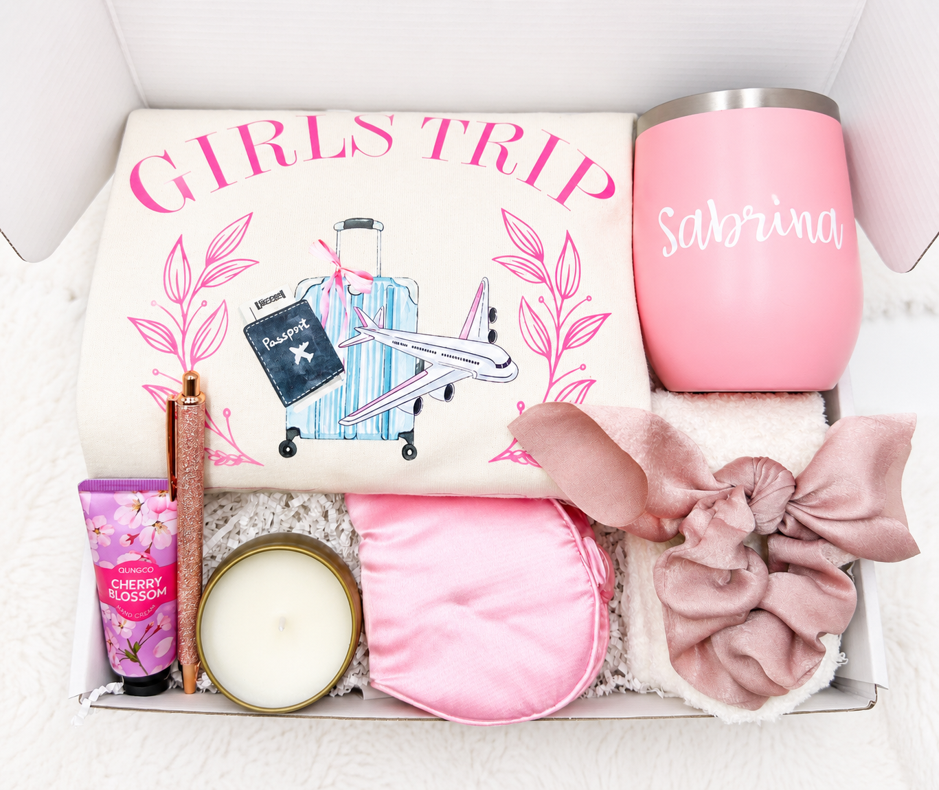 Girls Trip Gift Box Complete Travel Set Includes Custom Shirt Wine Tumbler Personalized Name Design Pink Scrunchie Hair Tie Pen Hand Lotion Pampering Essentials Perfect Vacation Package Bachelorette Party Favor Weekend Getaway Essential