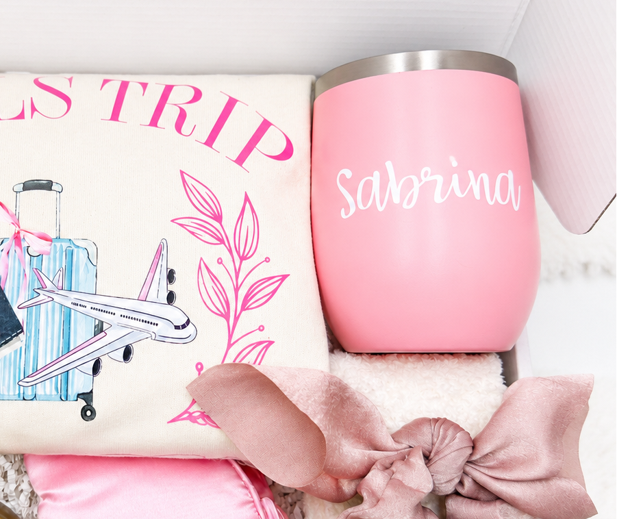 Personalized Girls Trip Package Custom Name Wine Tumbler Travel Gift Set Complete Collection Includes Stylish Shirt Pink Scrunchie Hair Accessories Pen Hand Lotion Pampering Essentials Perfect Bachelorette Party Favor Best Friends Weekend
