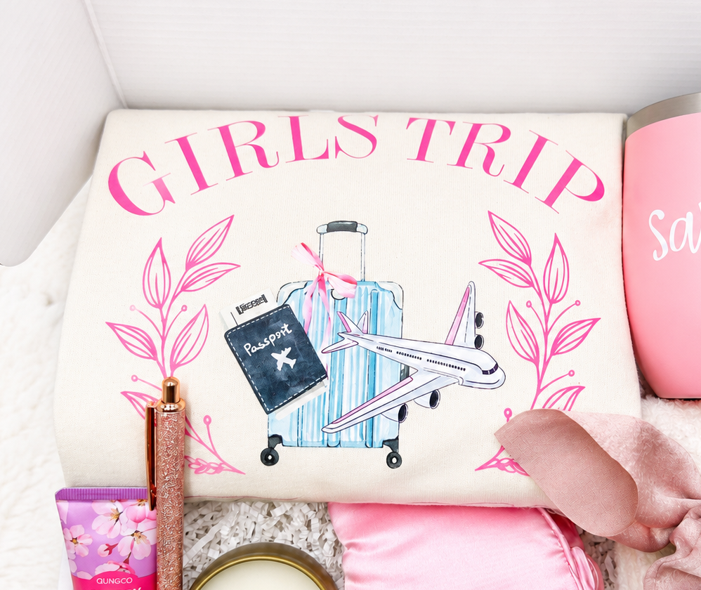 Vacation Travel Gift Set Women Complete Package Girls Weekend Essentials Custom Name Wine Tumbler Stylish Shirt Pink Accessories Scrunchie Hair Tie Luxury Hand Lotion Thoughtful Bachelorette Party Favor Perfect Girls Trip Bundle Coordinated