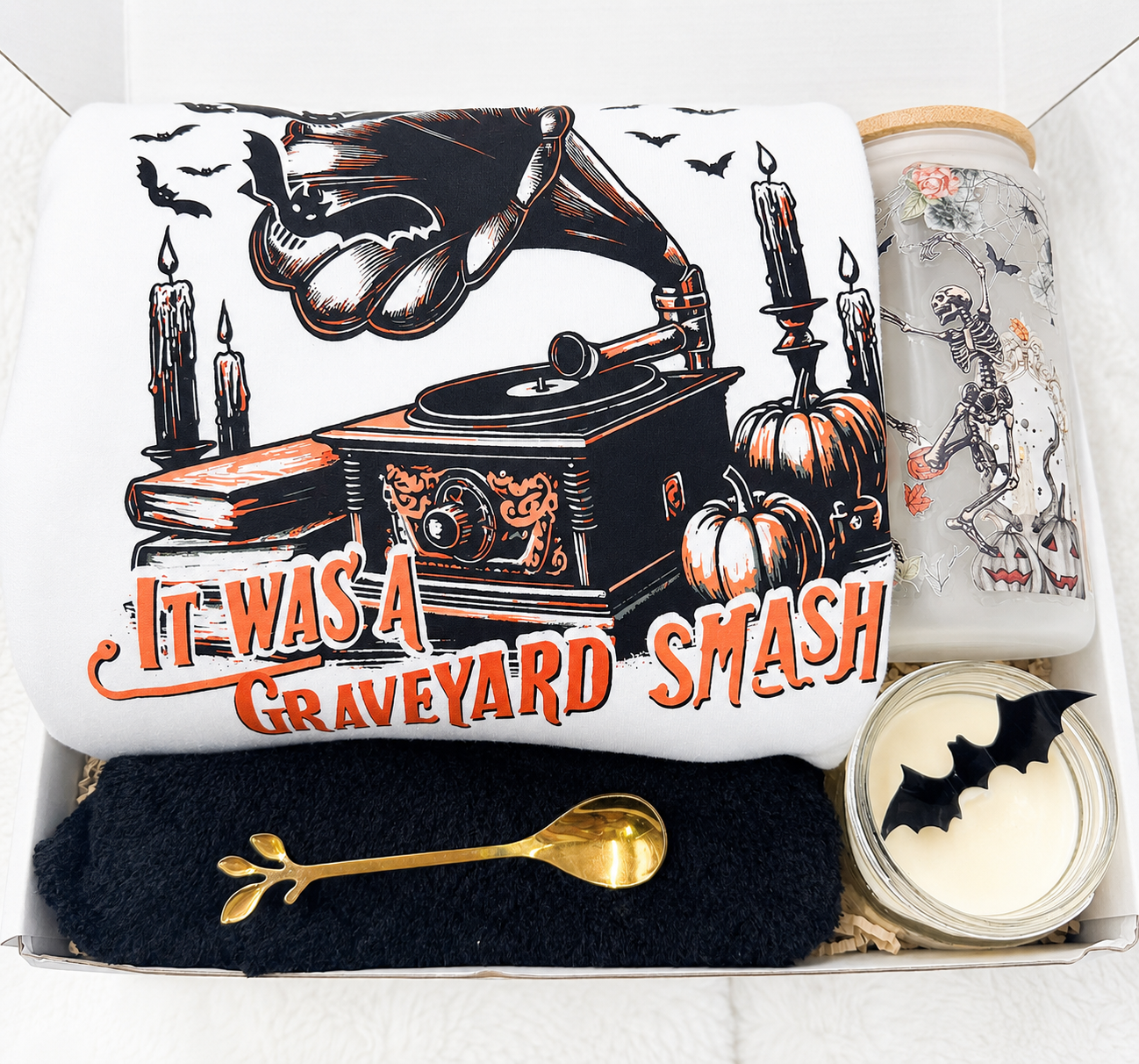 Cozy Halloween Comfort Collection Gift Box Set Graveyard Sweatshirt Bundle With Tumbler Candle Fuzzy Socks Gold Spoon Autumn Season Essentials Perfect Spooky Gift Package Halloween Celebration Bundle Ready To Give Seasonal Present Complete