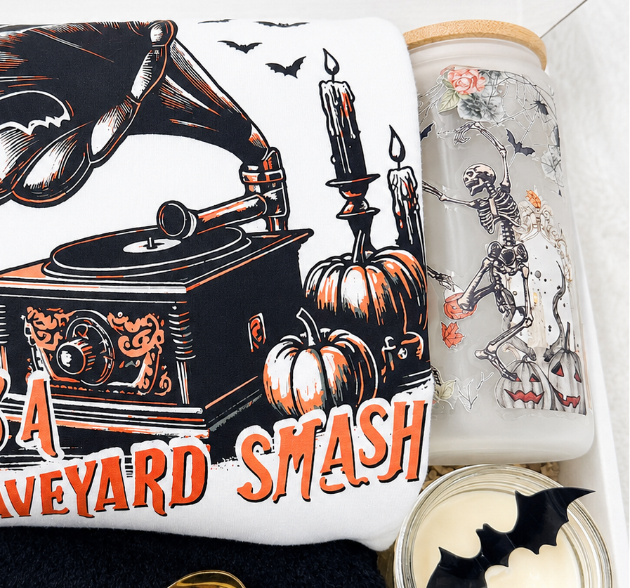 Halloween Gift Box Bundle Complete Graveyard Theme Collection Cozy Sweatshirt Set With Tumbler Candle Fuzzy Socks Gold Spoon Included Perfect Spooky Season Present Autumn Comfort Package Ready To Give Halloween Celebration Essential Items