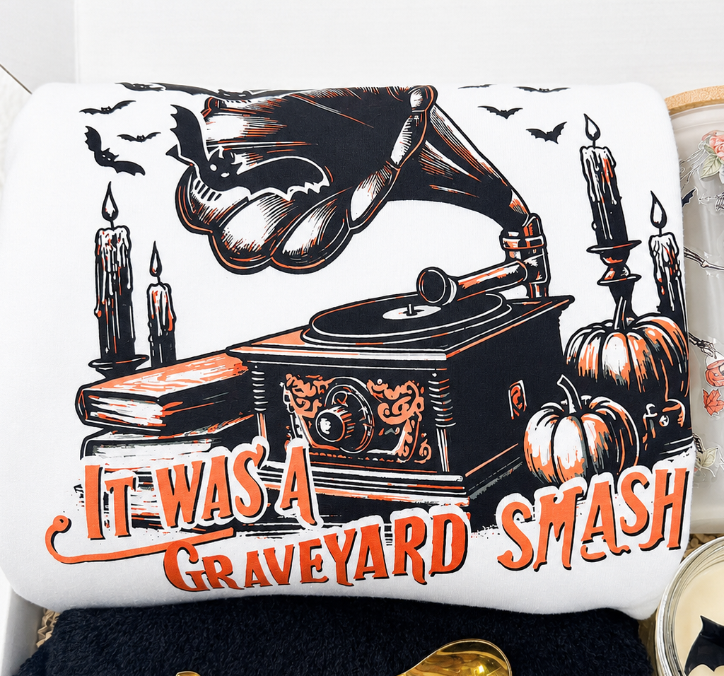 Graveyard Theme Halloween Collection Spooky Gift Box Set Complete Bundle With Cozy Sweatshirt Tumbler Candle Socks Gold Spoon Perfect Autumn Present Halloween Season Essentials Gift Package Ready For Spooky Celebrations Complete Halloween