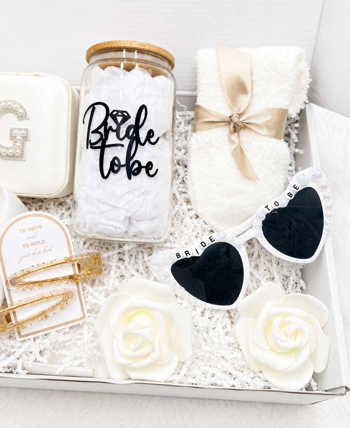 Engagement Gift Set Bride Collection Curated Box Package Perfect Bridal Shower Present Personalized Initial Jewelry Travel Case Storage Solution Glass Tumbler Sixteen Ounce Cozy Fuzzy Socks Wedding Planning Comfort Essentials Bundle Bride